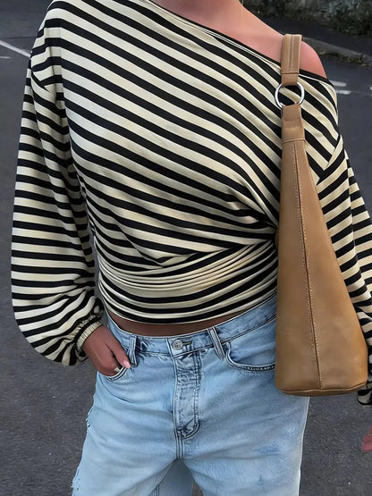 One Shoulder Striped Long Sleeve Slim-Fit T-Shirt - Bitsy Gypsy Boutique