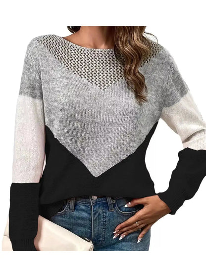 Openwork Color Block Long Sleeve Sweater - Bitsy Gypsy Boutique
