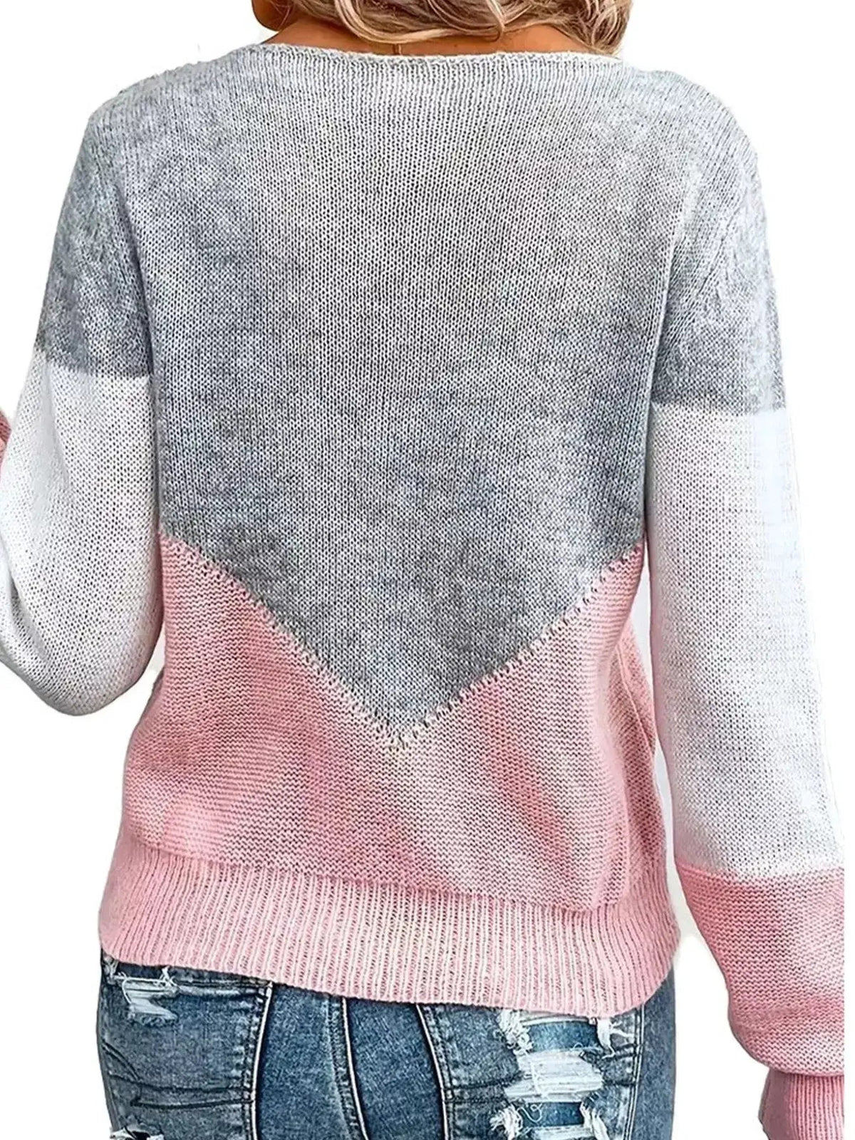 Openwork Color Block Long Sleeve Sweater - Bitsy Gypsy Boutique