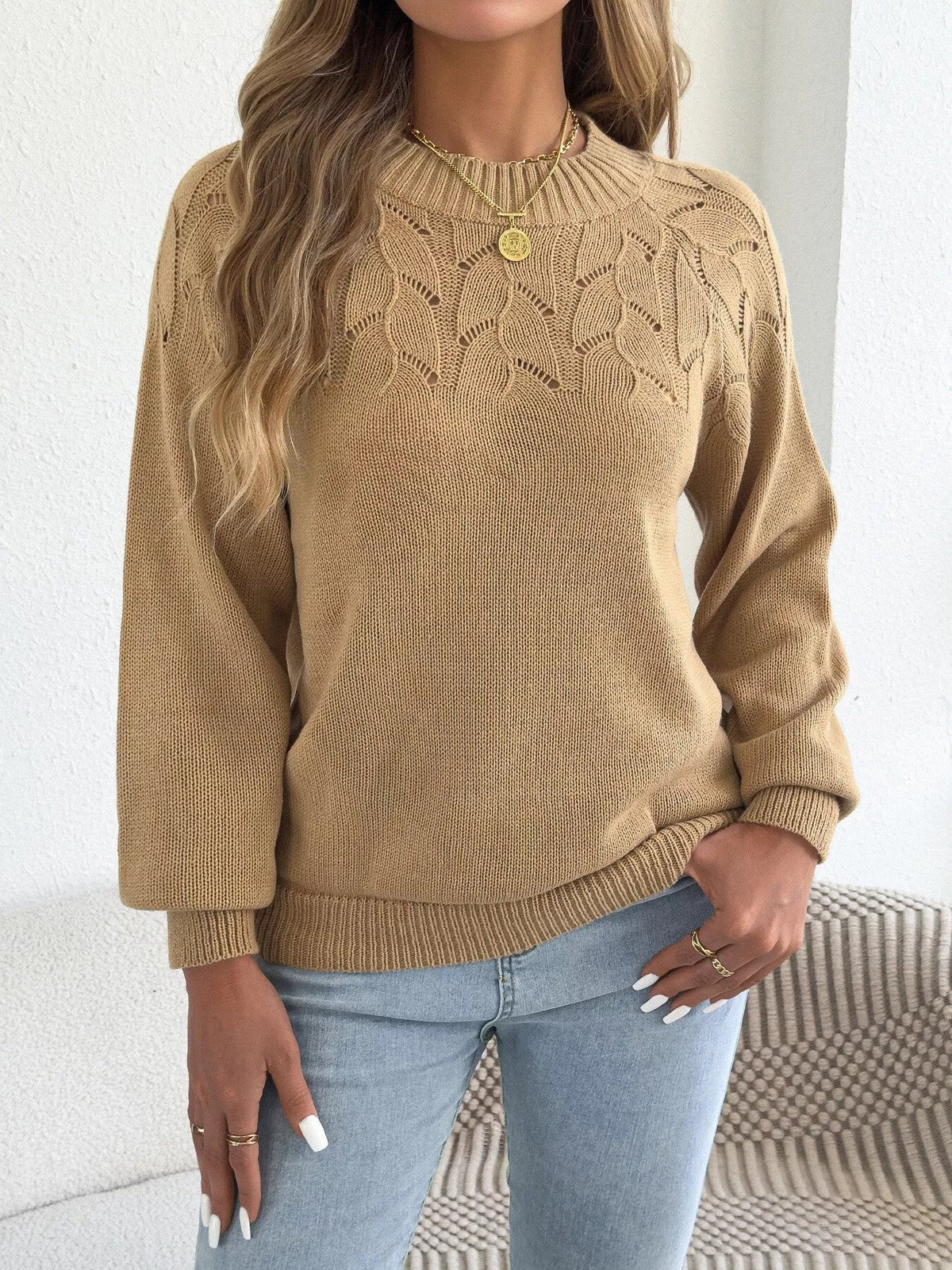 Openwork Crew Neck Sweater - Bitsy Gypsy Boutique