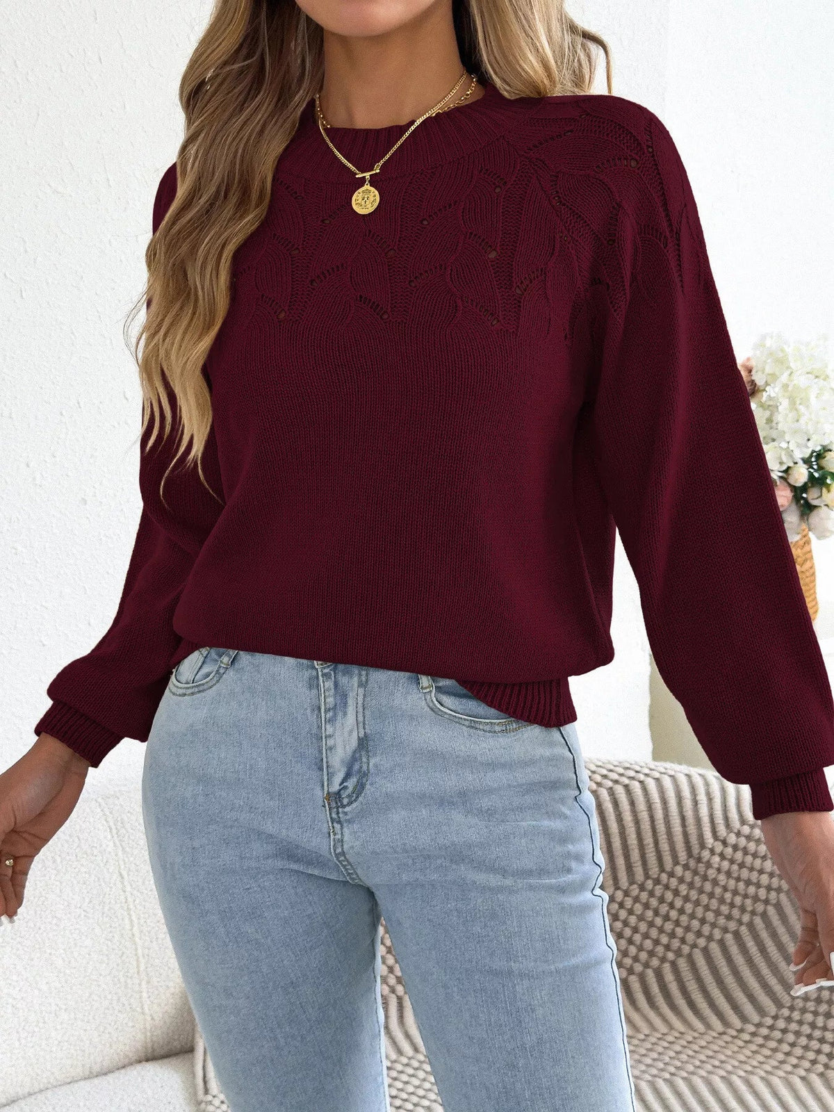 Openwork Crew Neck Sweater - Bitsy Gypsy Boutique