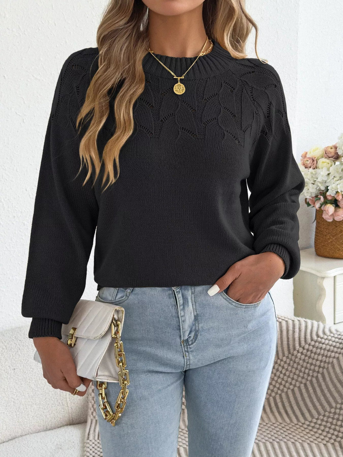 Openwork Crew Neck Sweater - Bitsy Gypsy Boutique
