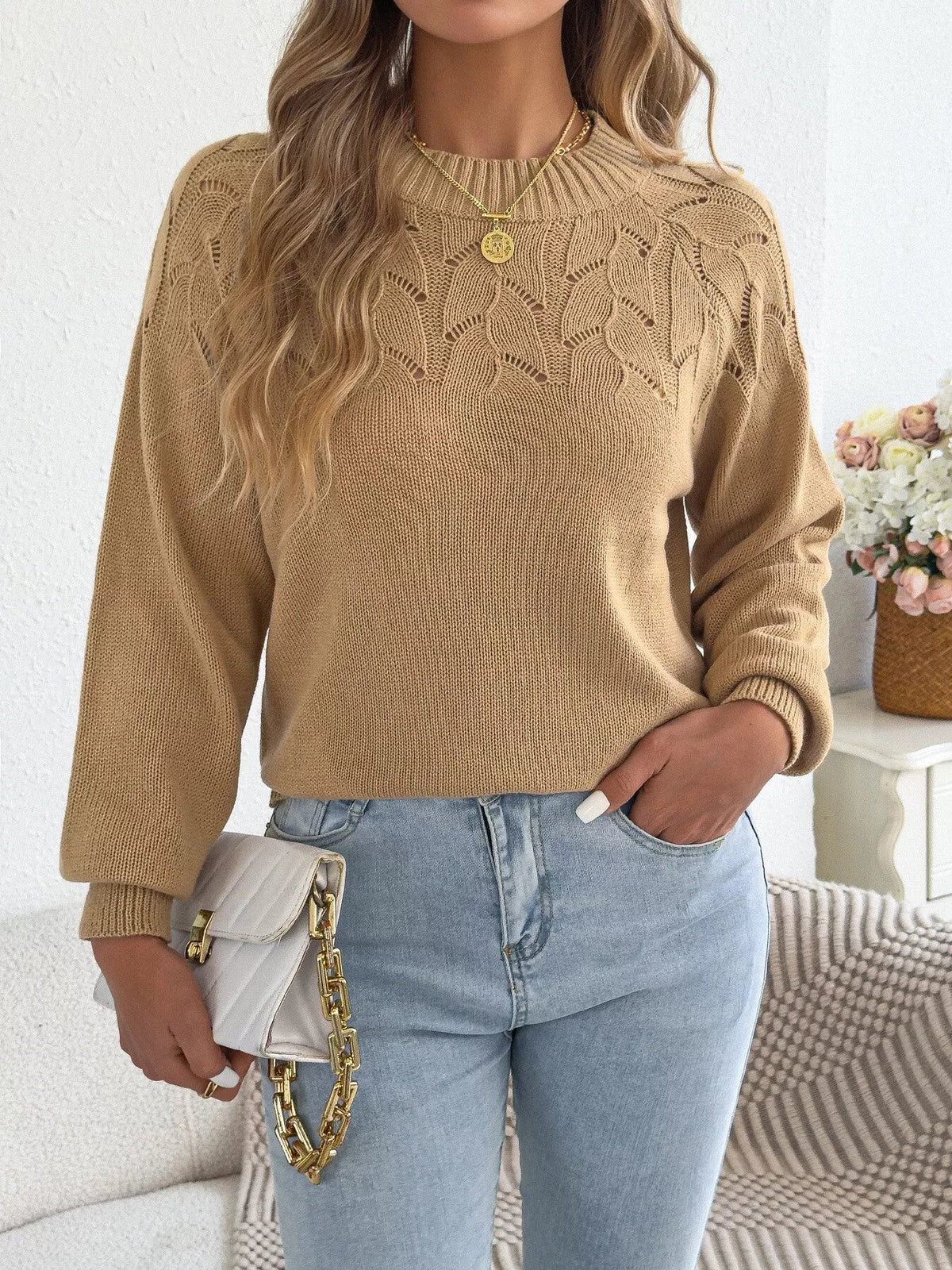 Openwork Crew Neck Sweater - Bitsy Gypsy Boutique