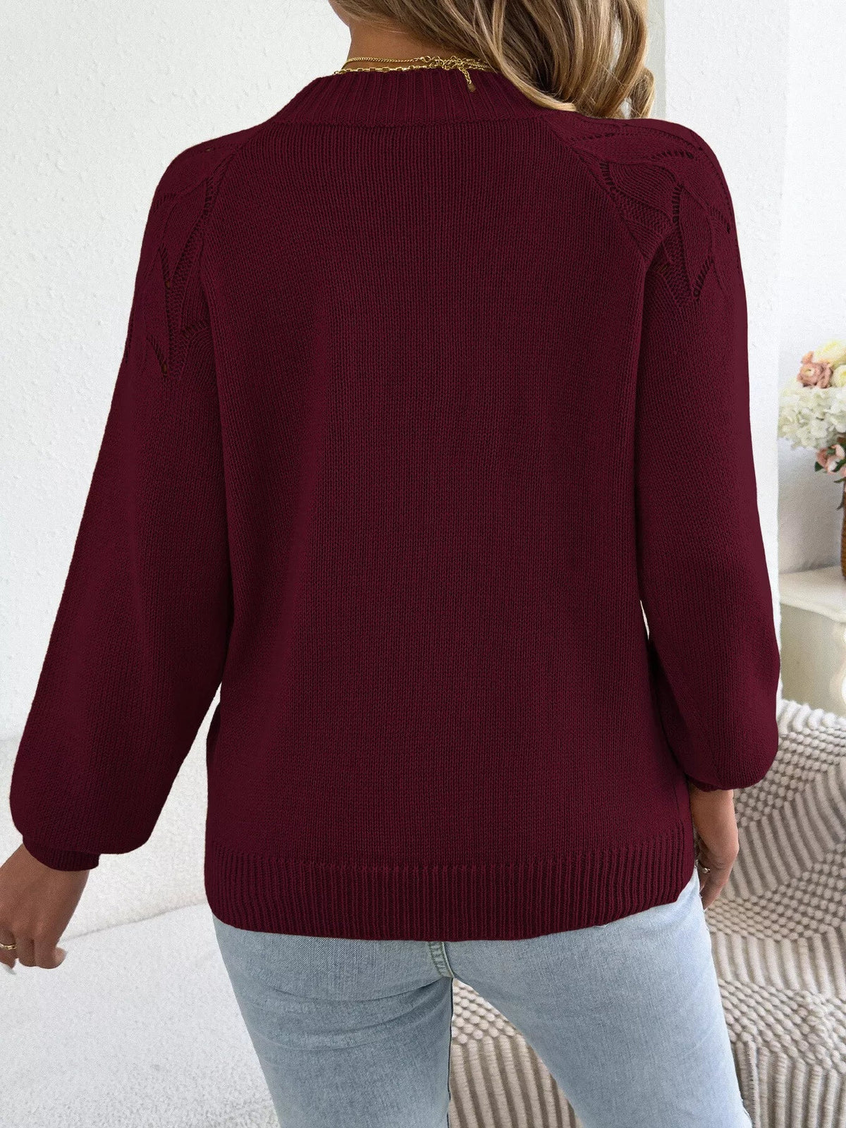 Openwork Crew Neck Sweater - Bitsy Gypsy Boutique