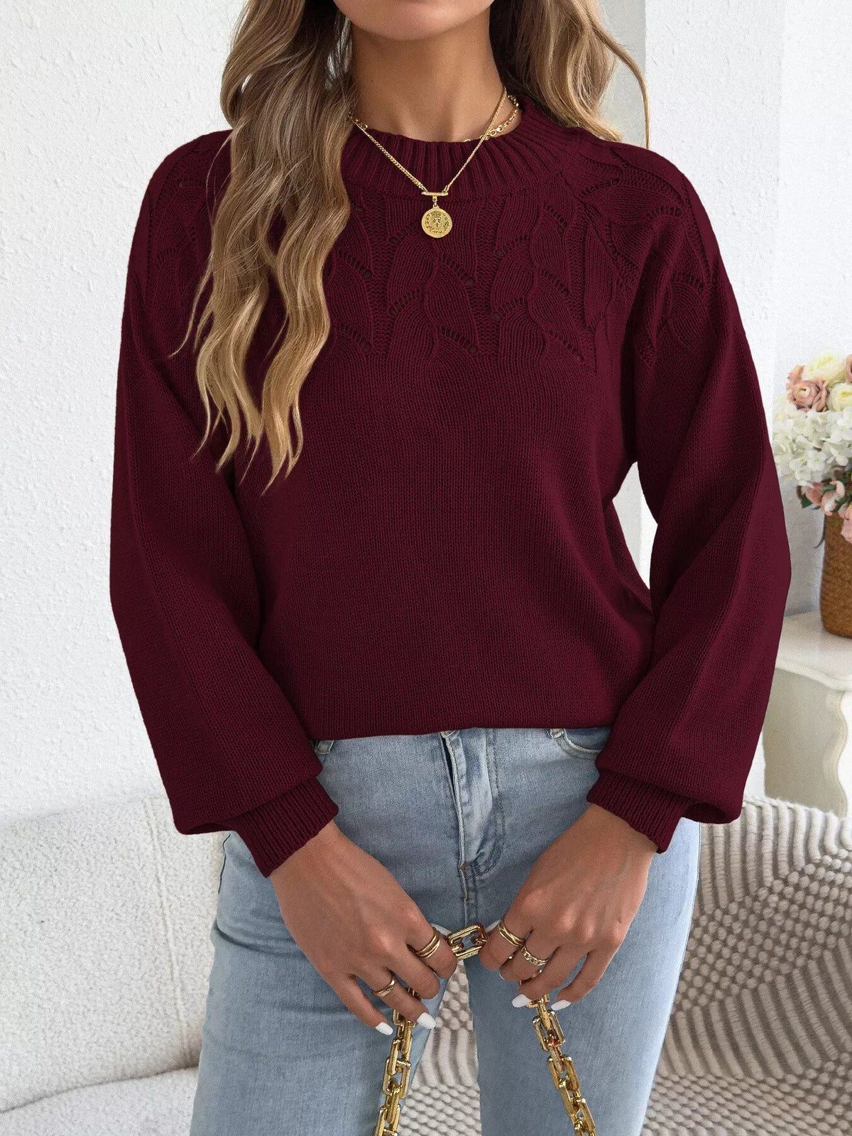 Openwork Crew Neck Sweater - Bitsy Gypsy Boutique