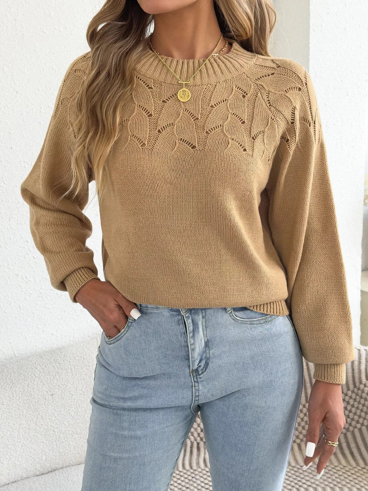 Openwork Crew Neck Sweater - Bitsy Gypsy Boutique