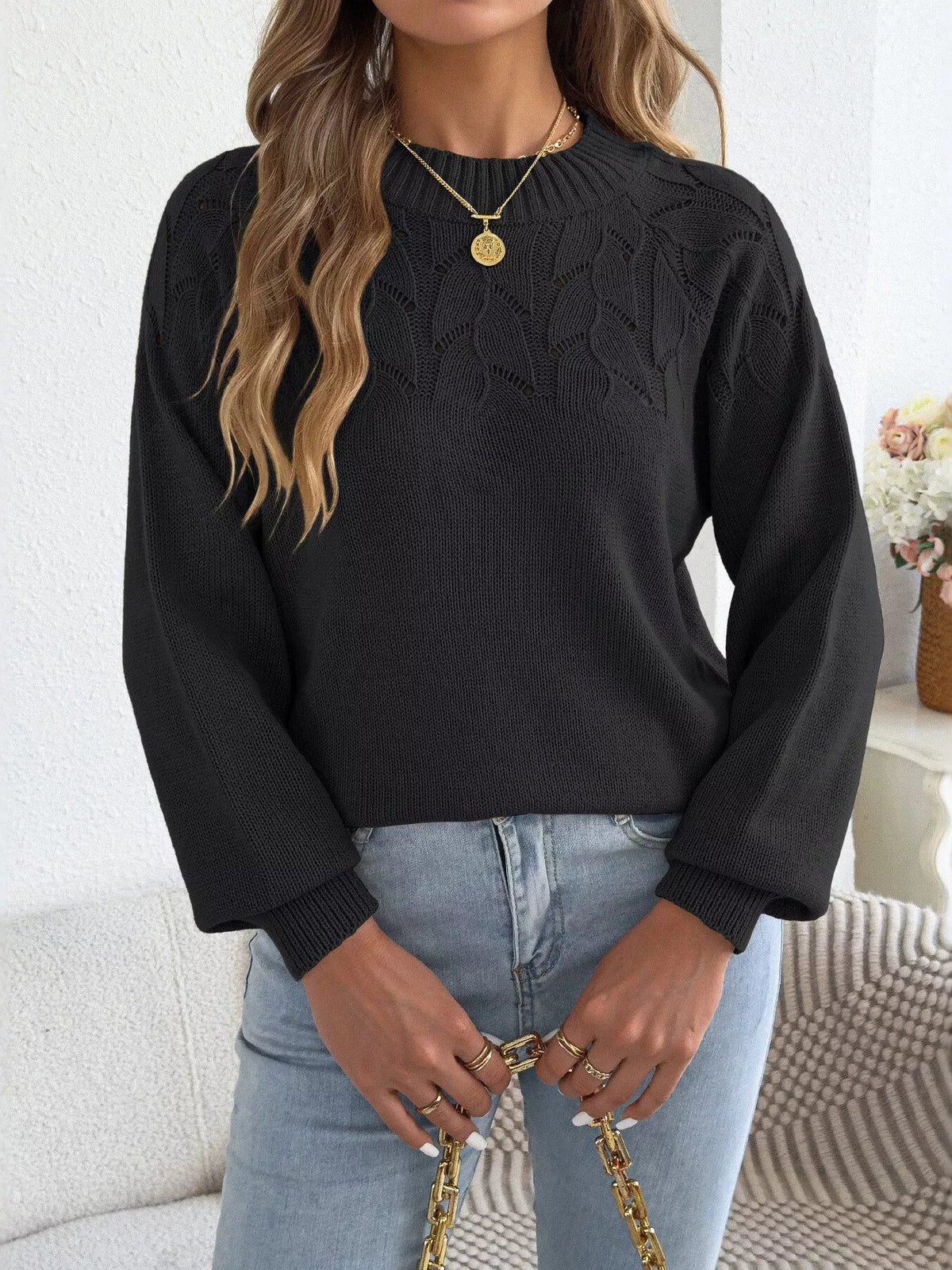 Openwork Crew Neck Sweater - Bitsy Gypsy Boutique