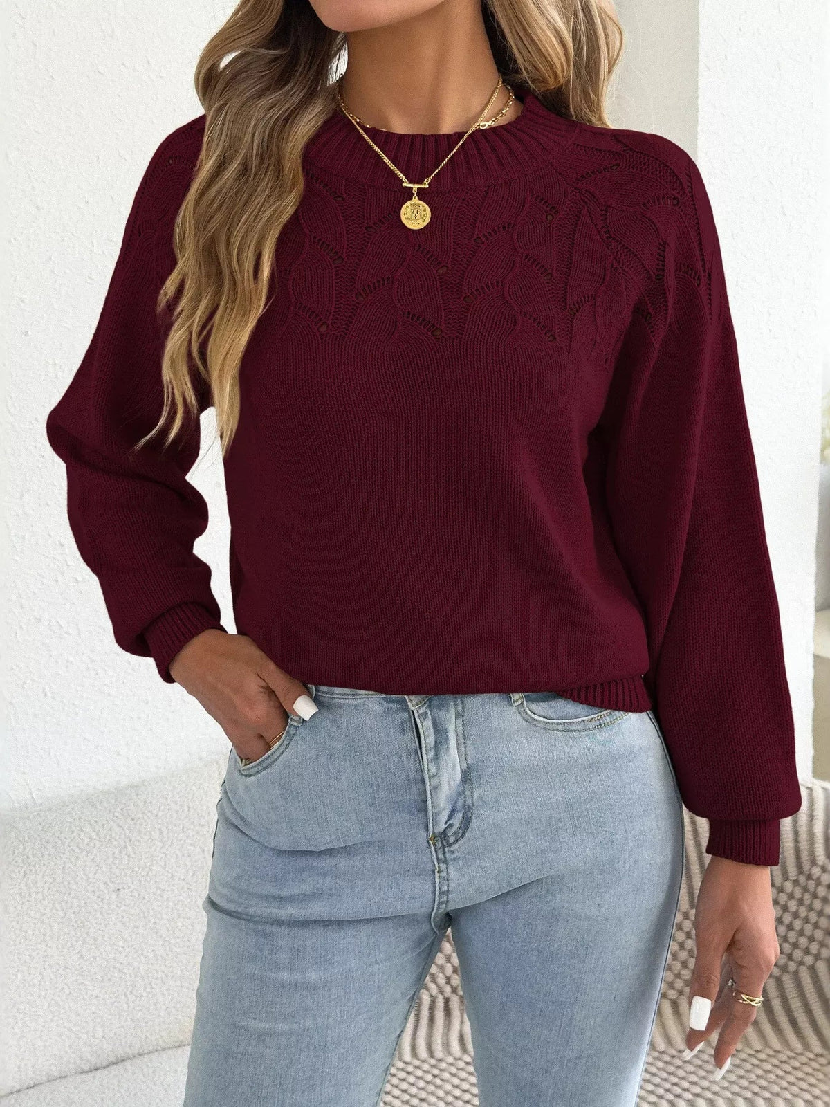 Openwork Crew Neck Sweater - Bitsy Gypsy Boutique