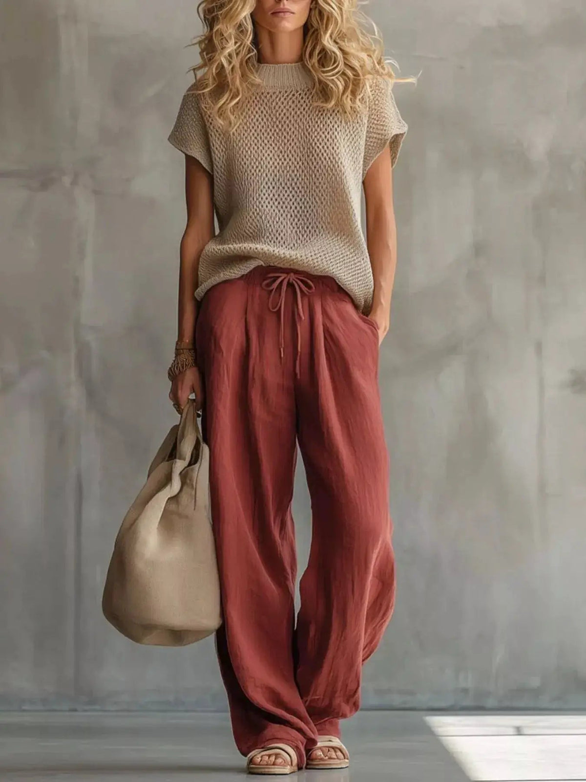 Openwork Knit Top and Wide-Leg Pant Set - Bitsy Gypsy Boutique