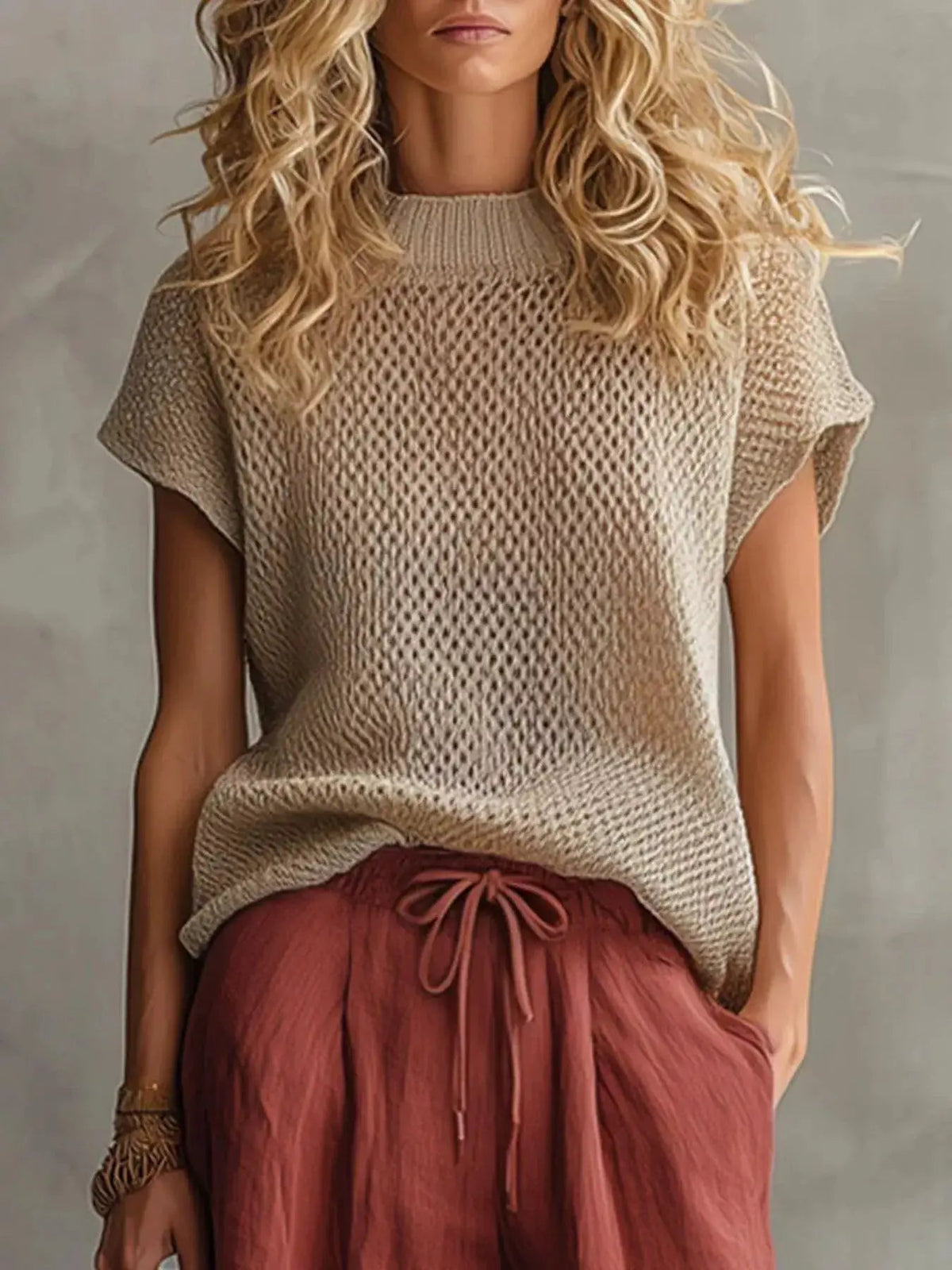 Openwork Knit Top and Wide-Leg Pant Set - Bitsy Gypsy Boutique