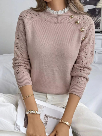 Openwork Mock Neck Lace Detail Long Sleeve Sweater - Bitsy Gypsy Boutique