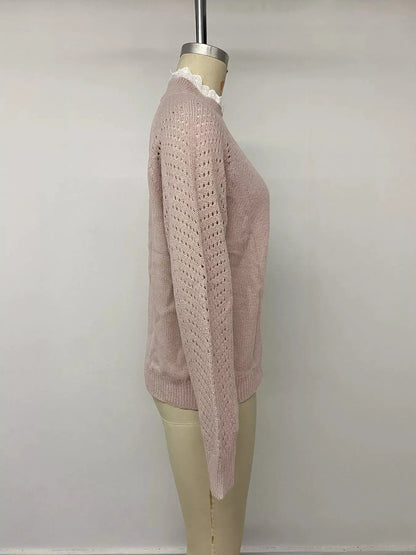 Openwork Mock Neck Lace Detail Long Sleeve Sweater - Bitsy Gypsy Boutique