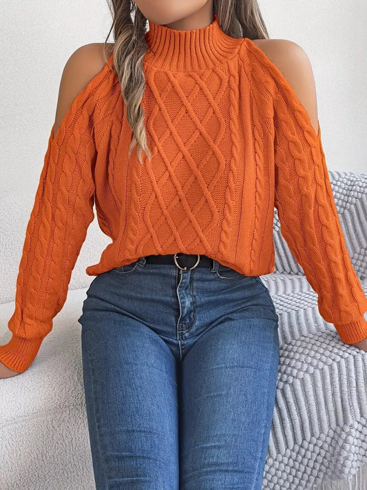 Orange Cold Shoulder Cable Knit Mock Neck Sweater - Bitsy Gypsy Boutique