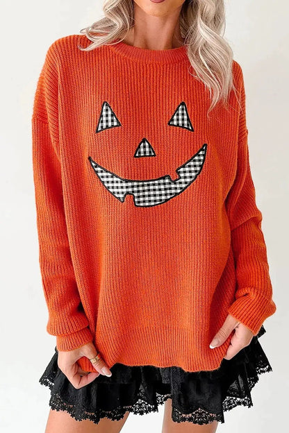 Orange Drop Shoulder Long Sleeve Halloween Sweater - Bitsy Gypsy Boutique