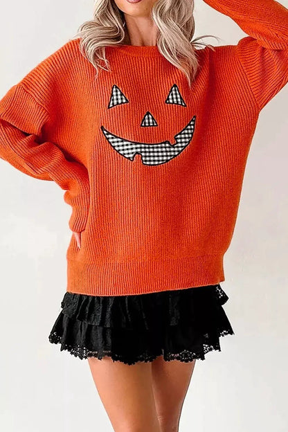 Orange Drop Shoulder Long Sleeve Halloween Sweater - Bitsy Gypsy Boutique