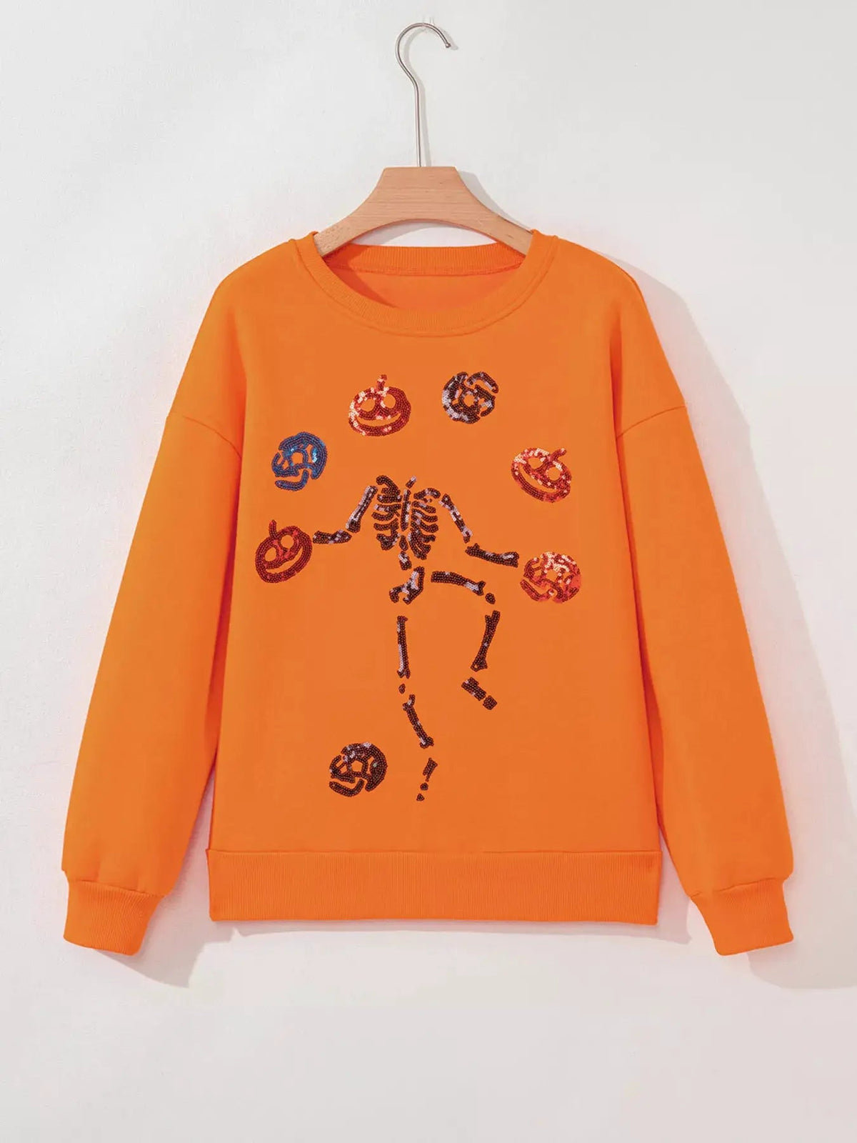 Orange Sequin Skeleton Halloween Crewneck Sweatshirt - Bitsy Gypsy Boutique