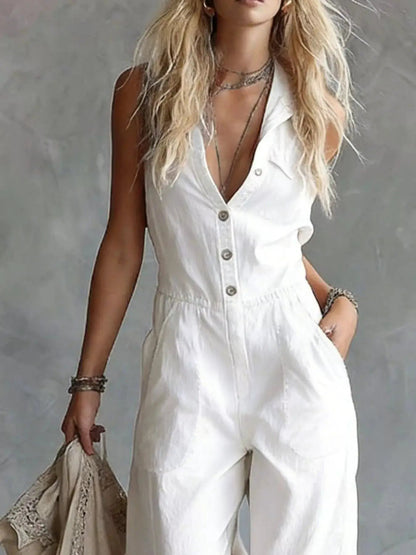 Orange Sleeveless Button Front Wide Leg Jumpsuit - Bitsy Gypsy Boutique