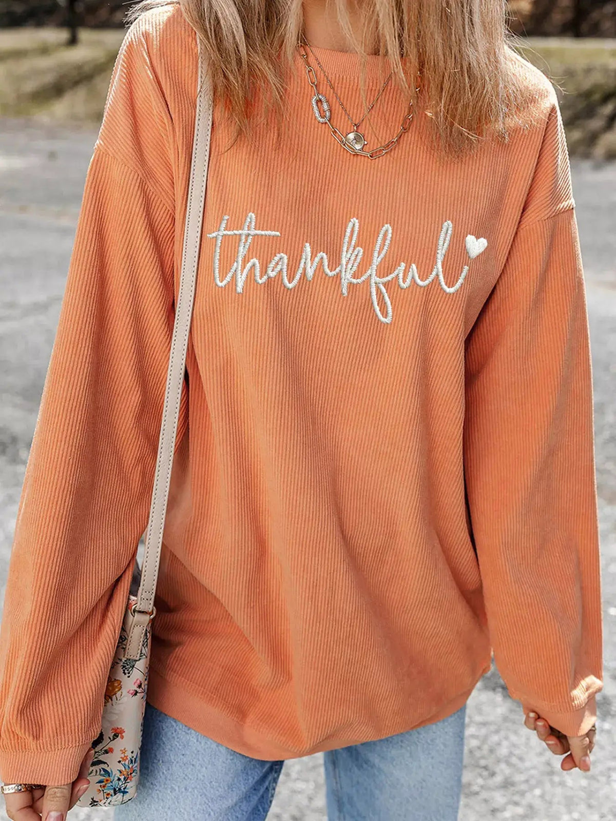 Orange Thankful Embroidered Corded Crewneck Sweatshirt - Bitsy Gypsy Boutique