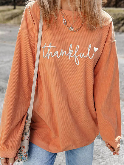 Orange Thankful Embroidered Corded Crewneck Sweatshirt - Bitsy Gypsy Boutique