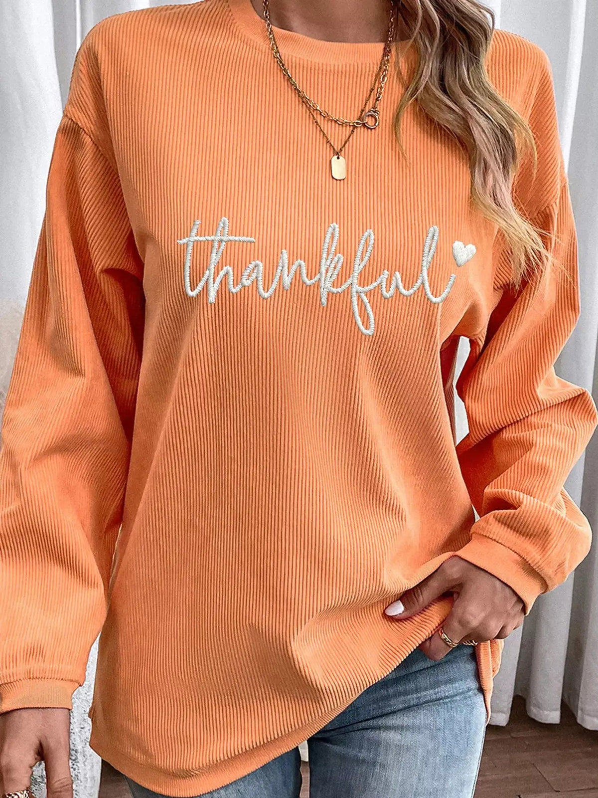 Orange Thankful Embroidered Corded Crewneck Sweatshirt - Bitsy Gypsy Boutique