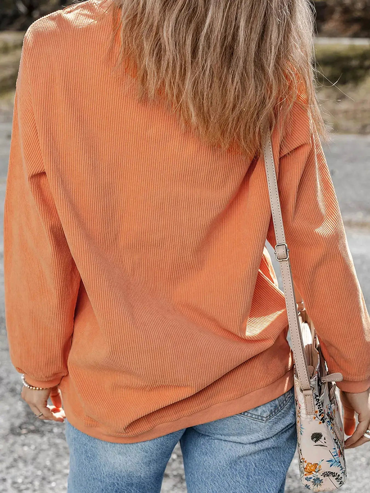 Orange Thankful Embroidered Corded Crewneck Sweatshirt - Bitsy Gypsy Boutique