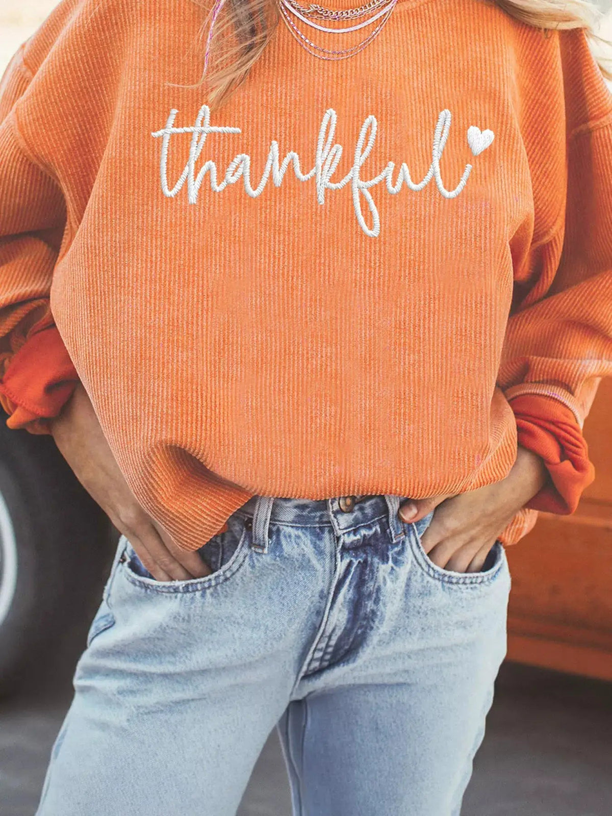 Orange Thankful Embroidered Corded Crewneck Sweatshirt - Bitsy Gypsy Boutique