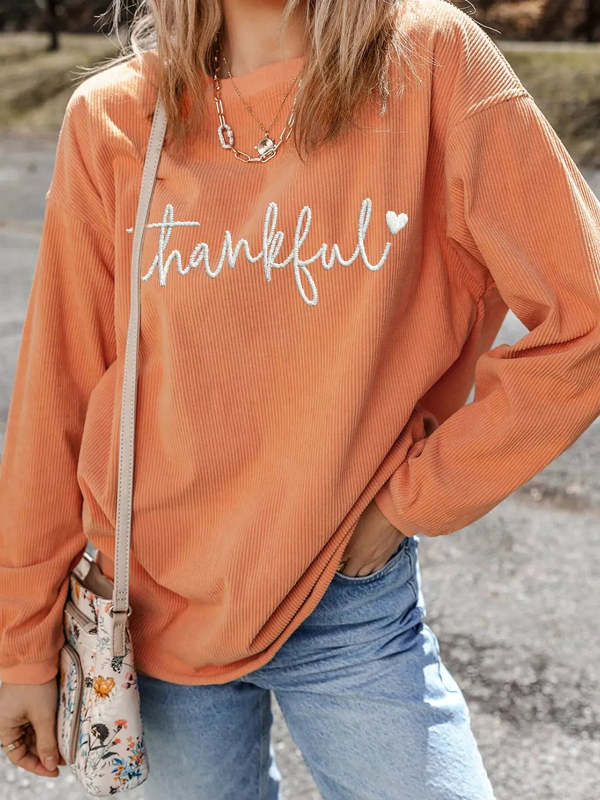 Orange Thankful Embroidered Corded Crewneck Sweatshirt - Bitsy Gypsy Boutique