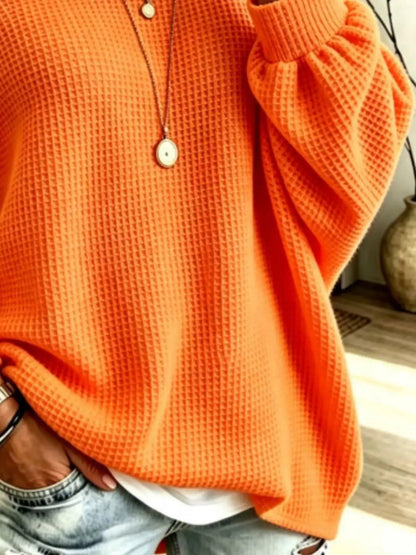 Orange Waffle Knit Oversized Boat Neck Sweatshirt - Bitsy Gypsy Boutique