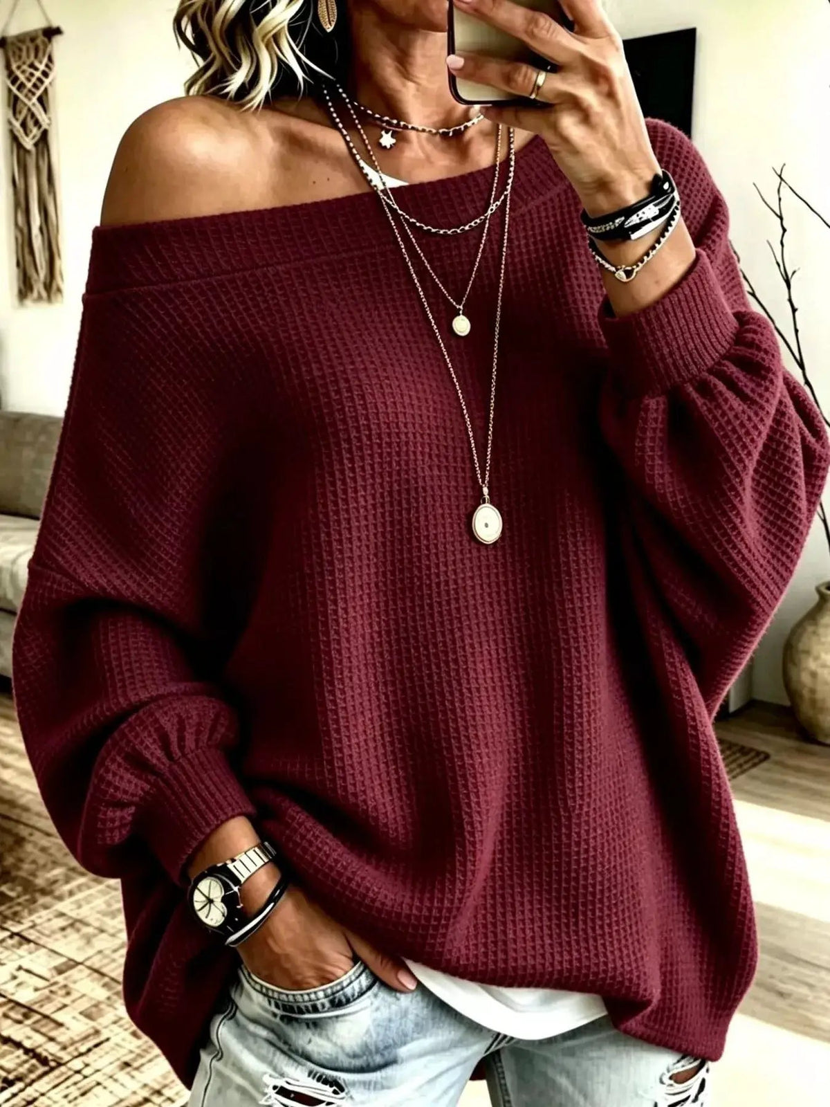 Orange Waffle Knit Oversized Boat Neck Sweatshirt - Bitsy Gypsy Boutique