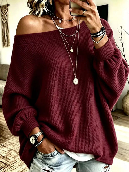 Orange Waffle Knit Oversized Boat Neck Sweatshirt - Bitsy Gypsy Boutique