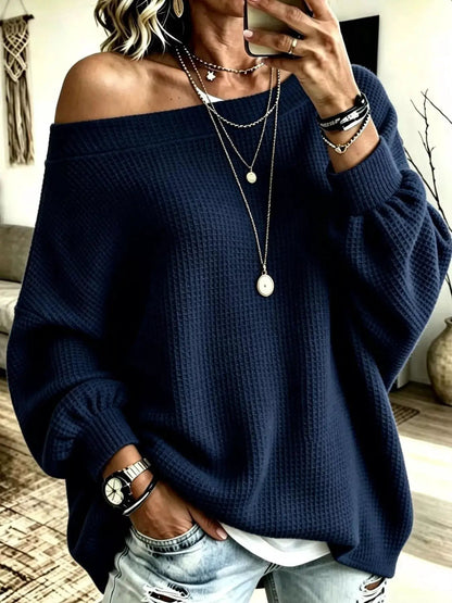 Orange Waffle Knit Oversized Boat Neck Sweatshirt - Bitsy Gypsy Boutique