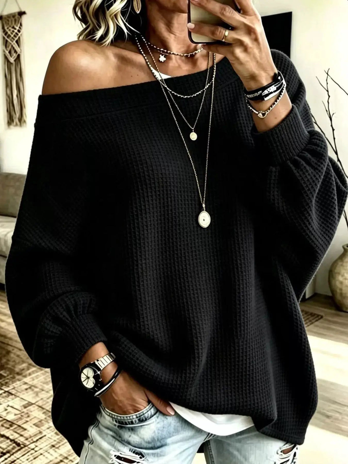 Orange Waffle Knit Oversized Boat Neck Sweatshirt - Bitsy Gypsy Boutique