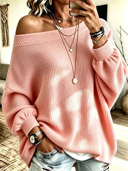 Orange Waffle Knit Oversized Boat Neck Sweatshirt - Bitsy Gypsy Boutique
