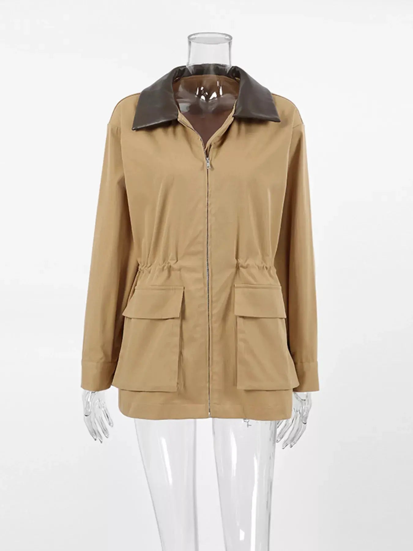 Oversized Contrast Collar Jacket with Drawstring Waist by Trendsi