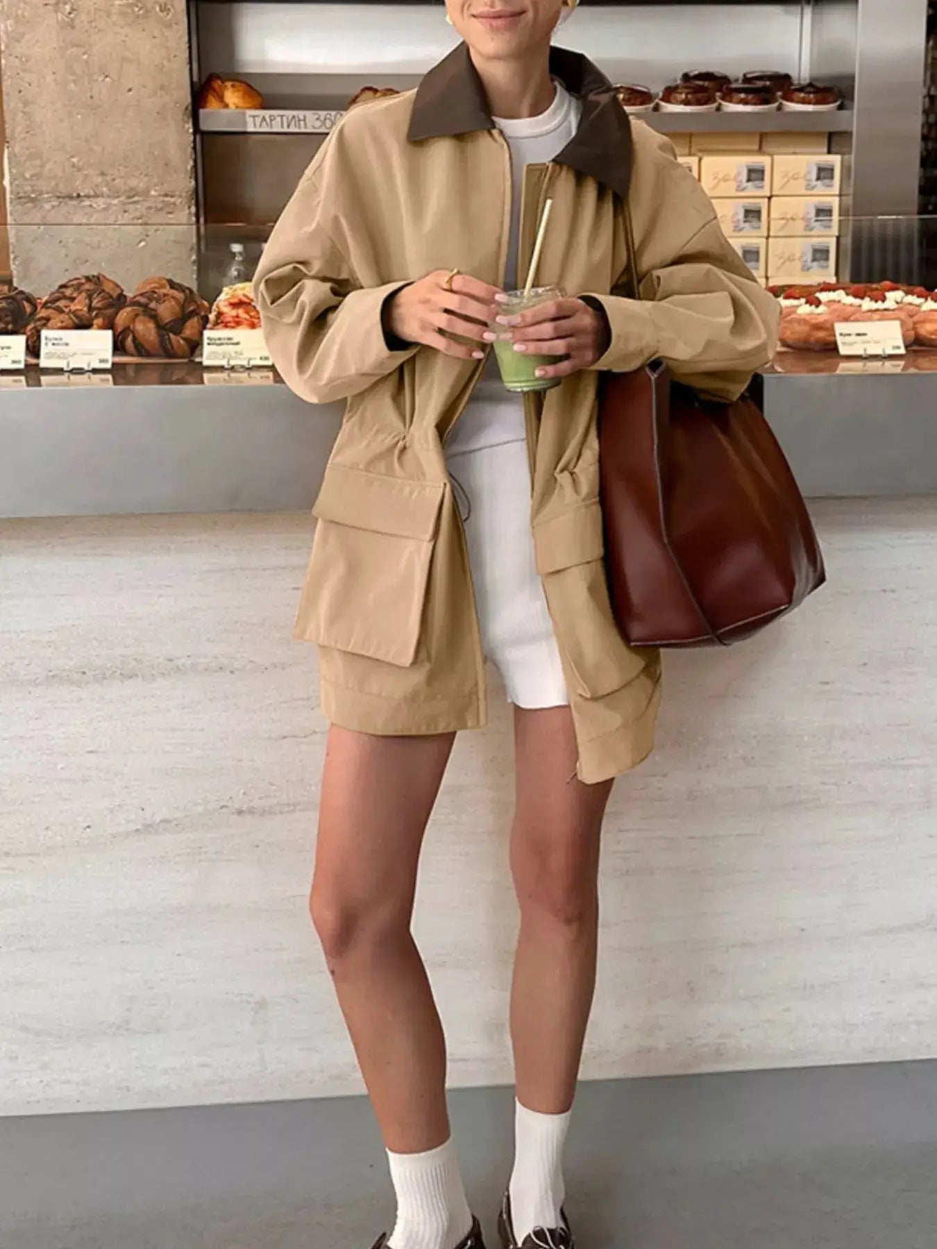 Oversized Contrast Collar Jacket with Drawstring Waist by Trendsi