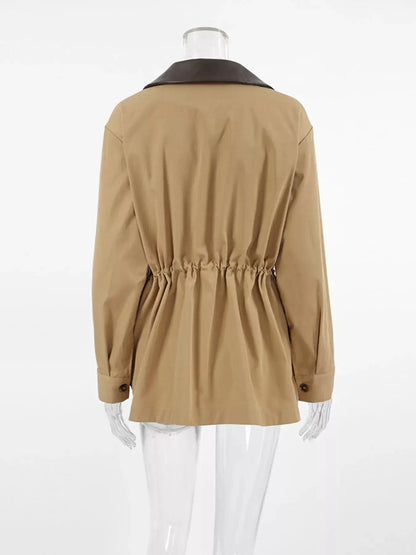 Oversized Contrast Collar Jacket with Drawstring Waist by Trendsi