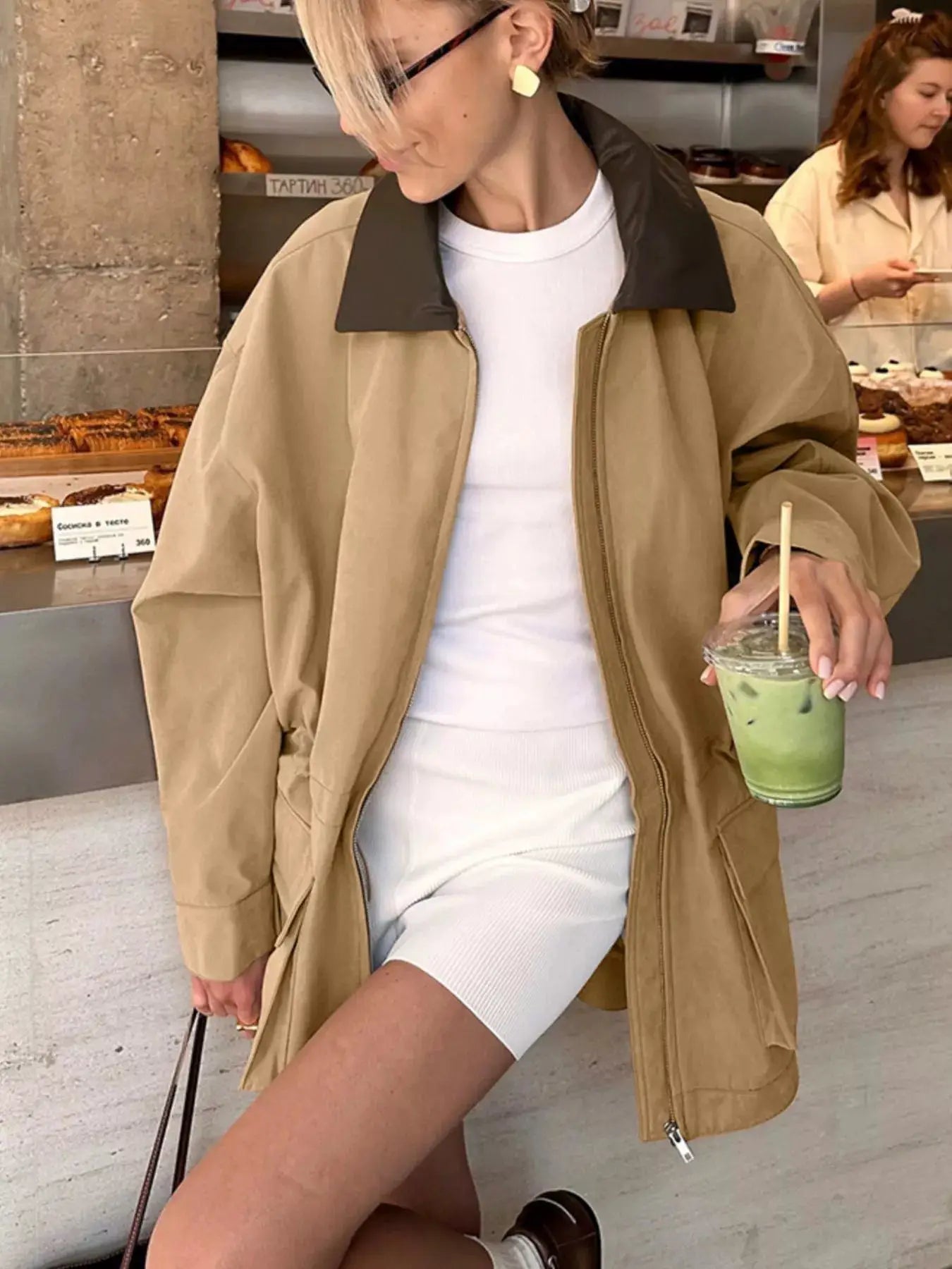 Oversized Contrast Collar Jacket with Drawstring Waist by Trendsi