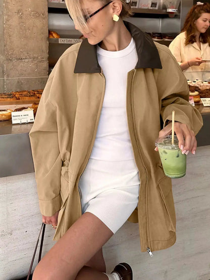 Oversized Contrast Collar Jacket with Drawstring Waist by Trendsi