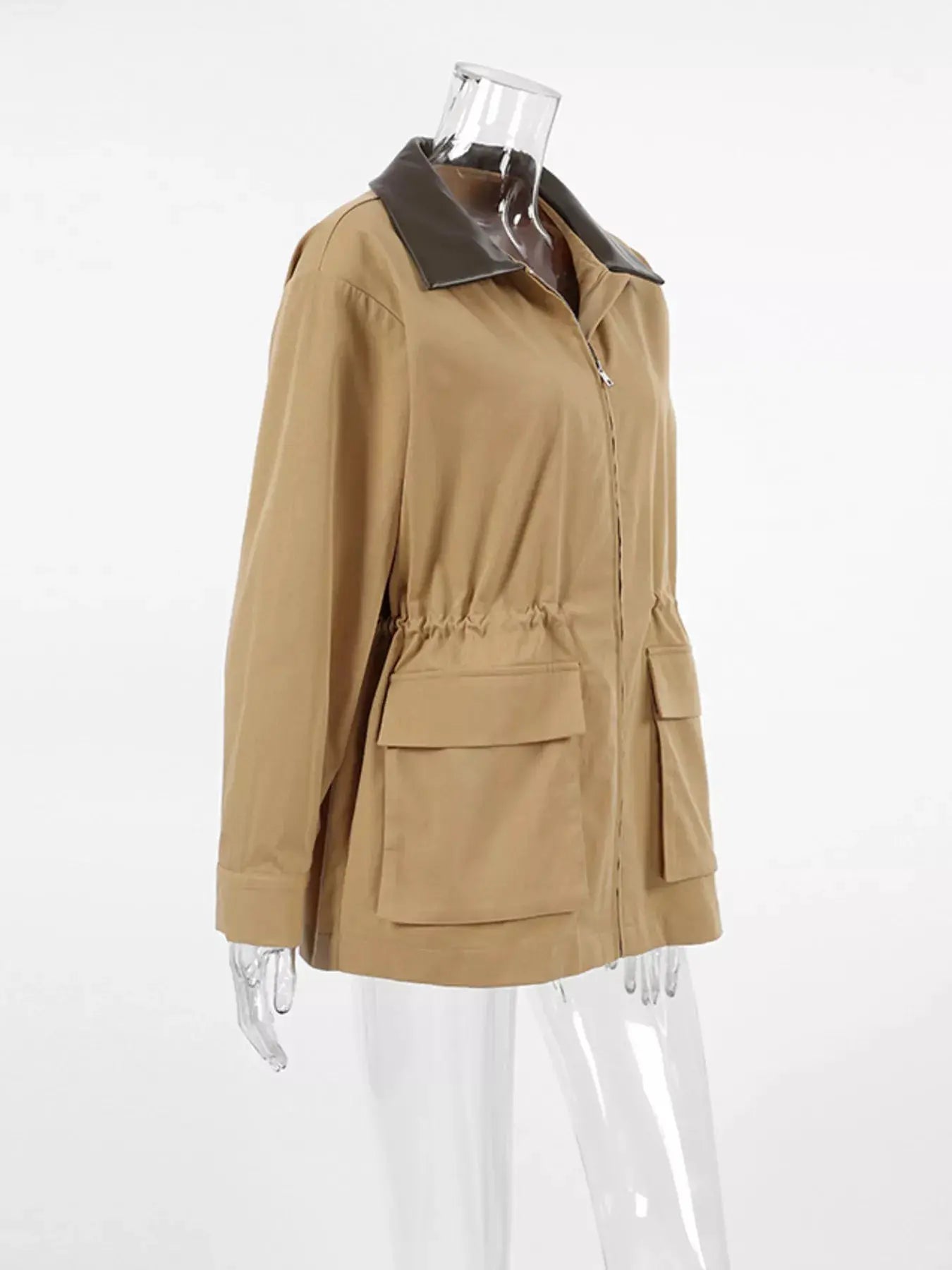 Oversized Contrast Collar Jacket with Drawstring Waist by Trendsi