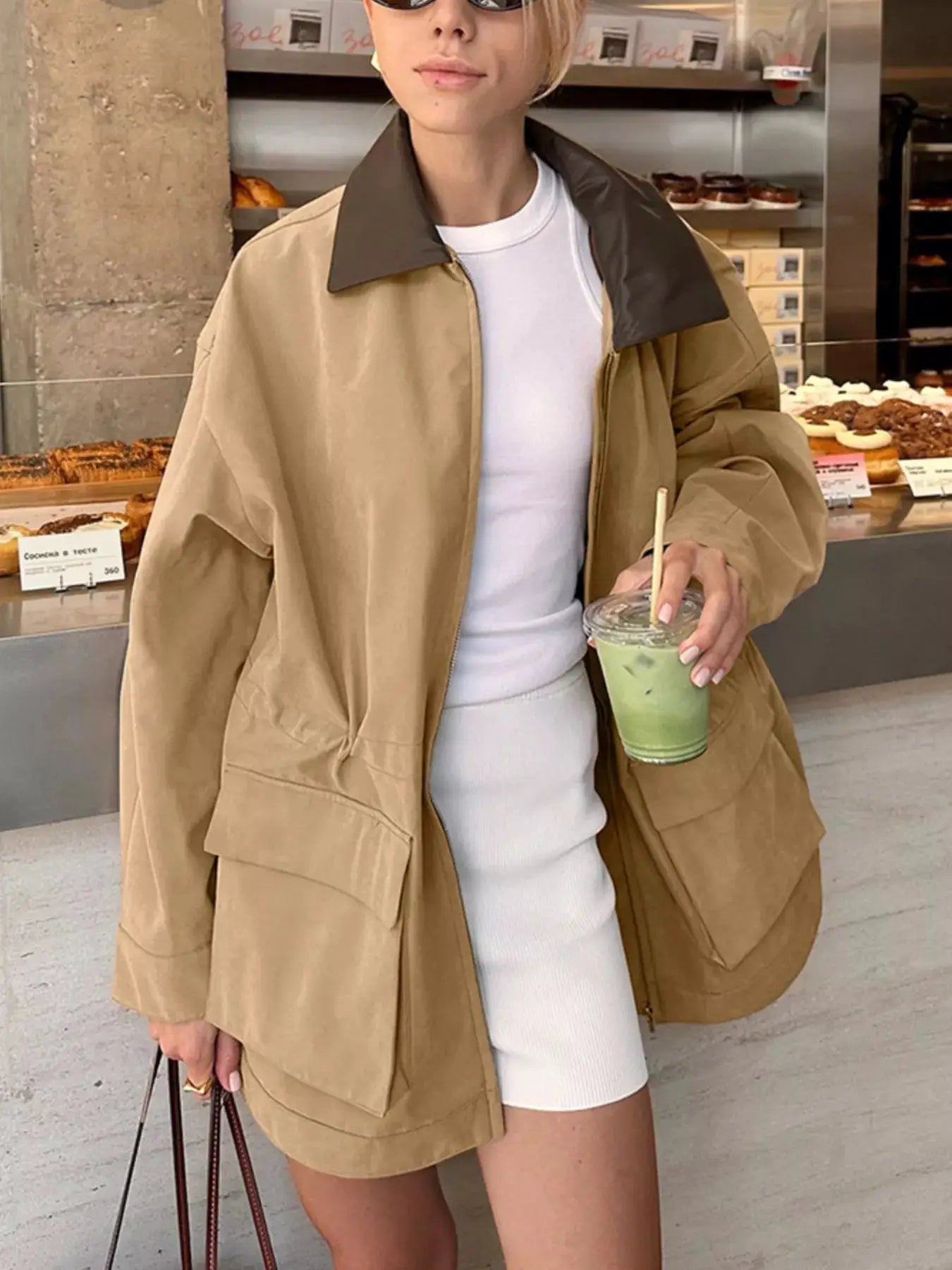 Oversized Contrast Collar Jacket with Drawstring Waist by Trendsi
