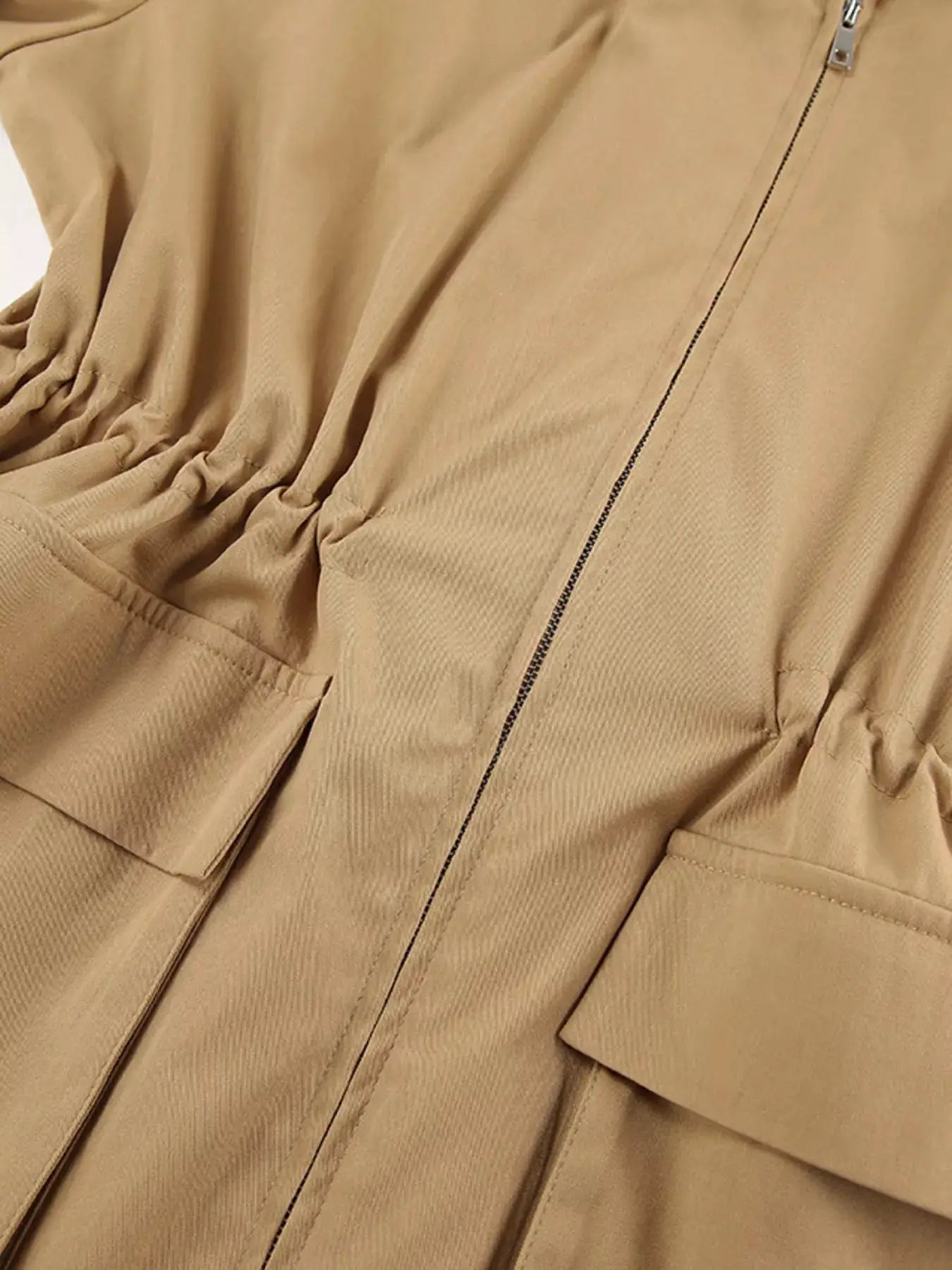 Oversized Contrast Collar Jacket with Drawstring Waist by Trendsi