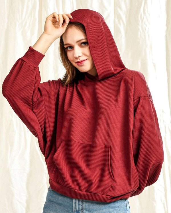 Oversized Dolman Sleeve Ribbed Hoodie Top - Bitsy Gypsy Boutique
