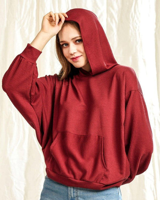 Oversized Dolman Sleeve Ribbed Hoodie Top - Bitsy Gypsy Boutique