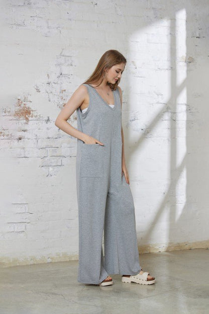 Oversized Patched Pocket V - Neck Jumpsuit - Bitsy Gypsy Boutique