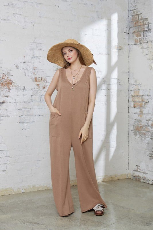 Oversized Patched Pocket V - Neck Jumpsuit - Bitsy Gypsy Boutique