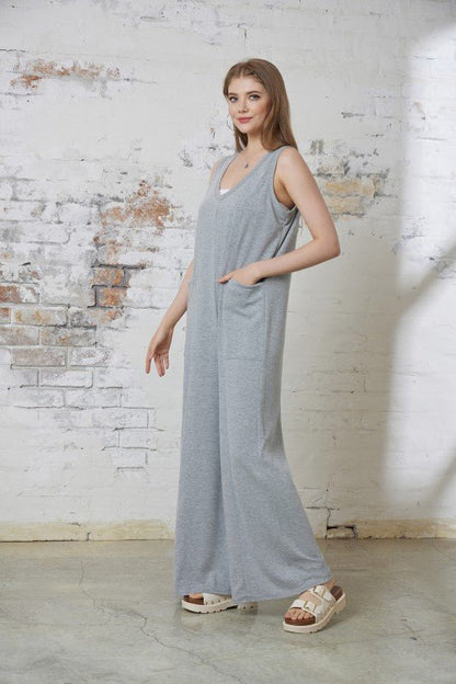 Oversized Patched Pocket V - Neck Jumpsuit - Bitsy Gypsy Boutique