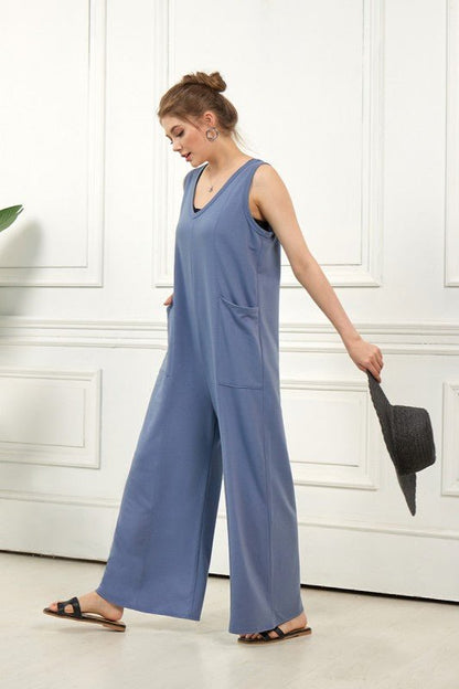 Oversized Patched Pocket V - Neck Jumpsuit - Bitsy Gypsy Boutique