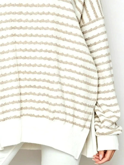Oversized Striped Crew Neck Side Slit Sweatshirt - Bitsy Gypsy Boutique