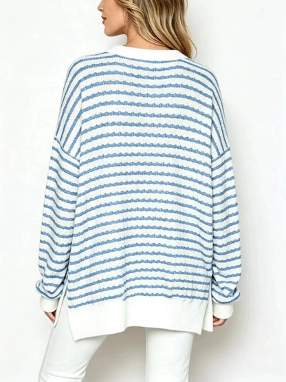 Oversized Striped Crew Neck Side Slit Sweatshirt - Bitsy Gypsy Boutique