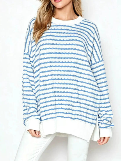 Oversized Striped Crew Neck Side Slit Sweatshirt - Bitsy Gypsy Boutique